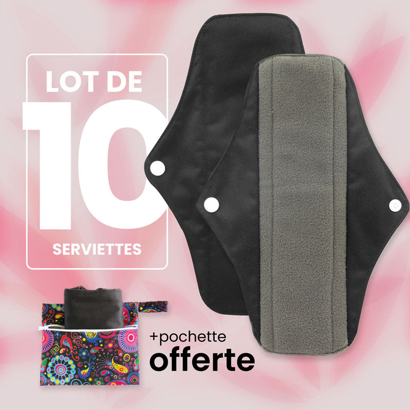 Lot de Serviettes Hygiéniques noires Lavables et Réutilisables en fibre de Bambou Naturel