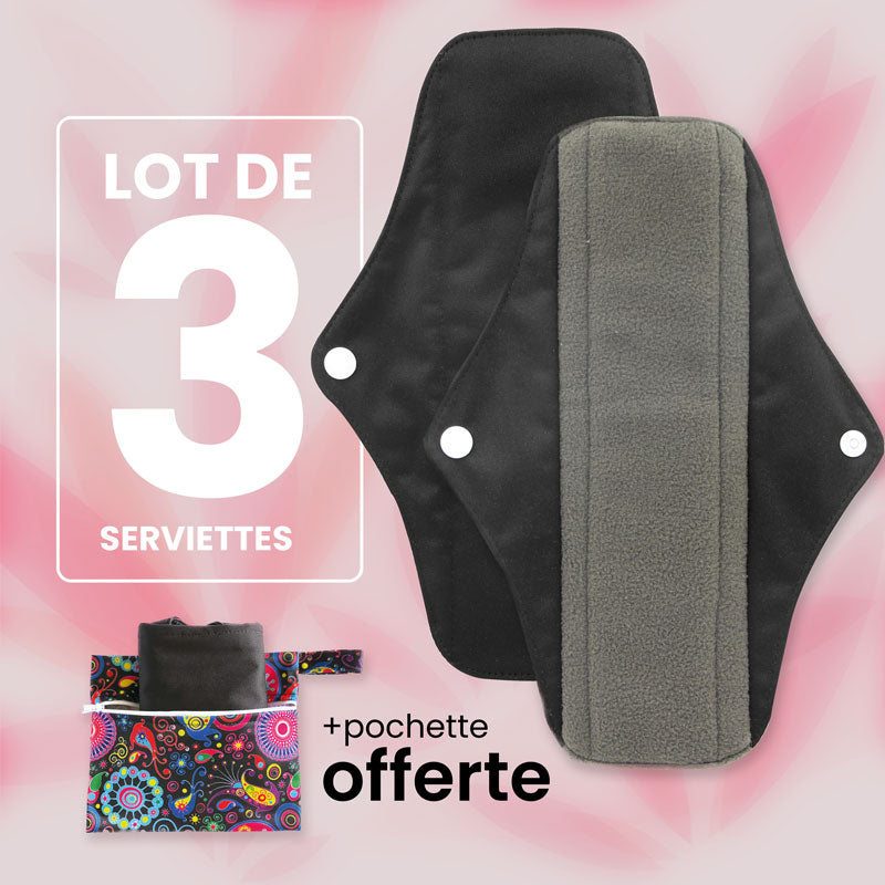 Lot de Serviettes Hygiéniques noires Lavables et Réutilisables en fibre de Bambou Naturel