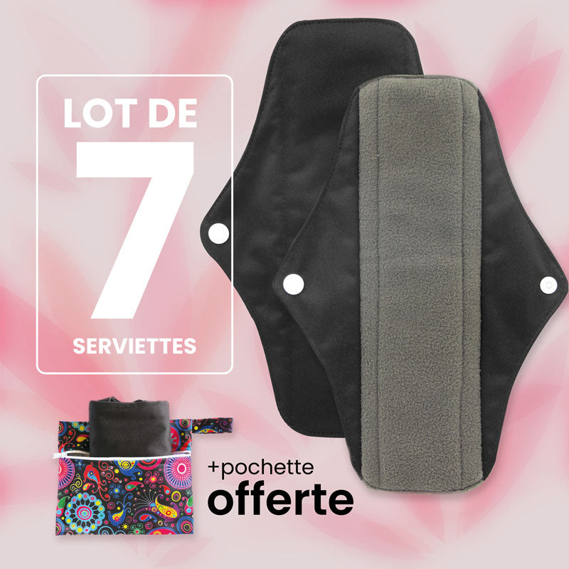 Lot de Serviettes Hygiéniques noires Lavables et Réutilisables en fibre de Bambou Naturel